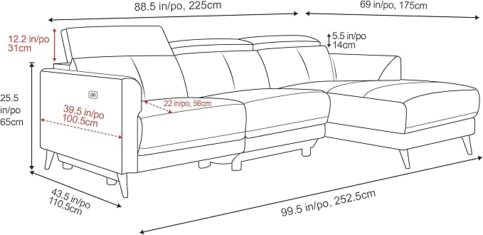 Valencia Andria Reclining Sectional Leather Sofa Right-Facing 99.5" | Italian Nappa 11000 Top-Grain Leather Reclining Sofa | Electric Power Recliner | Stainless Steel Leg, Cognac