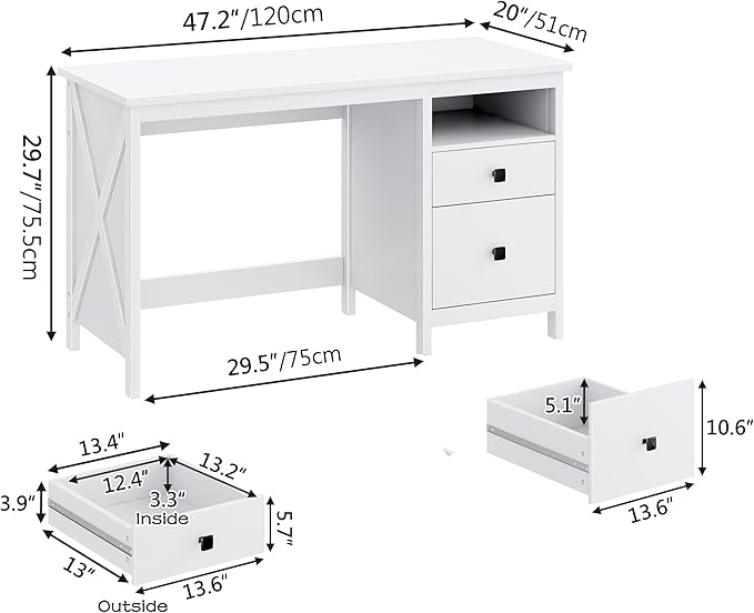 BHG Farmhouse 47" Executive Desk,Modern White Computer Desk with Storage Drawers for Home Office, Makeup Vanity Desk Dressing Table for Bedroom,Filing Cabinet Writing Table PC Desks for Study