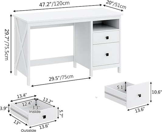 BHG Farmhouse 47" Executive Desk,Modern White Computer Desk with Storage Drawers for Home Office, Makeup Vanity Desk Dressing Table for Bedroom,Filing Cabinet Writing Table PC Desks for Study