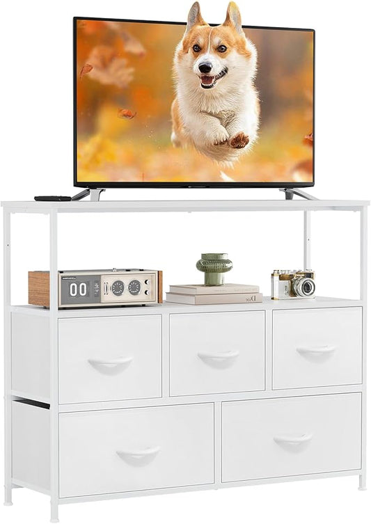 NEWBULIG 5 Drawer TV Stand with Wood Top, Entertainment Center for 45 inch TVs & Fabric Storage Organizer, Adjustable Feet, for Bedroom & Living Room,White02