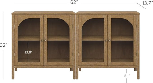 Nathan James Mason TV Stand, Free Standing Accent Sideboard Buffet, Credenza with Glass Doors and Adjustable Shelf in Brushed Light Brown Wood for Dining Room, Entryway and Living Room, Set of 2