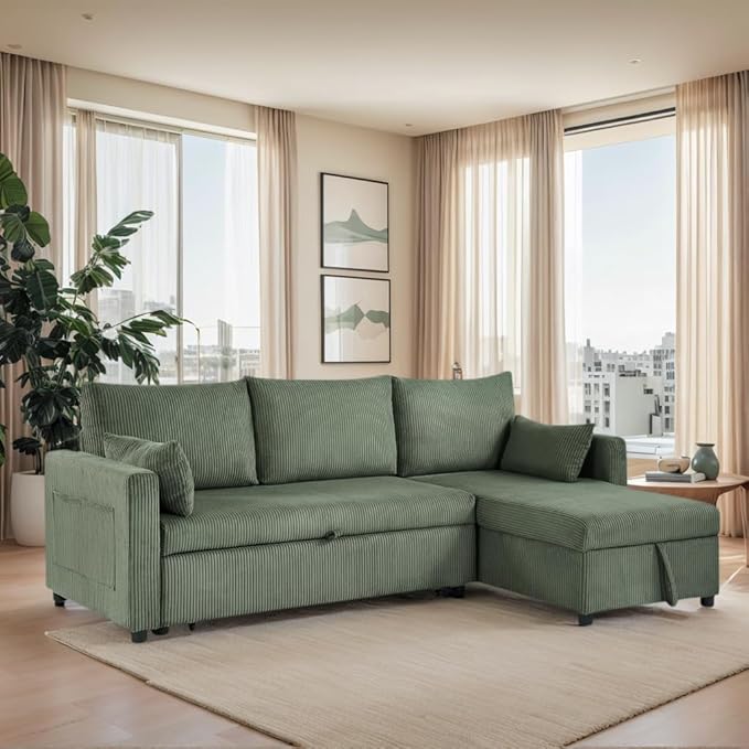Sectional Sleeper Sofa with Pull Out Bed, L Shape Convertible Sofa Bed Couch with Storage Chaise, 3 in 1 Pull Out Sofa Bed with 3 Seats for Living Room,Apartment, Green, 85Inch