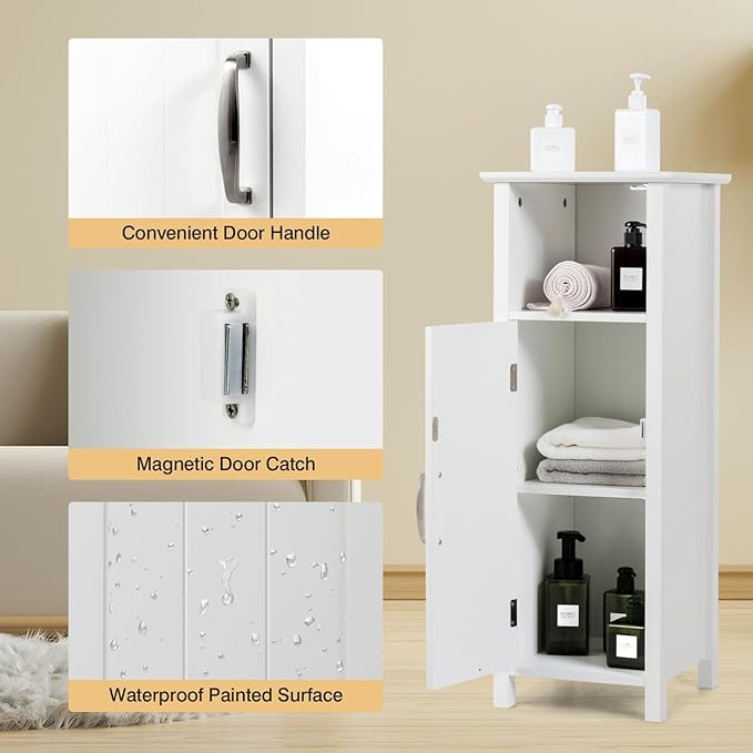 LDAILY LUARANE Wooden Bathroom Floor Storage Cabinet, Side Storage Organizer Cabinet with 1 Door Open Shelf Adjustable Shelves, Small Free Standing Sideboard for Entryway Living Room Kitchen (White)