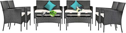 Tangkula 8 Piece Patio Furniture Set, Outdoor Wicker Conversation Set with Tempered Glass Coffee Table, Rattan Loveseat & Chairs Set with Seat Cushions for Backyard, Garden, Poolside (2, Beige)