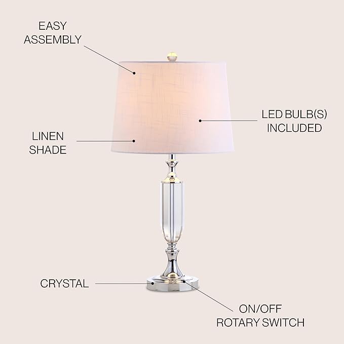 JONATHAN Y 27" Clear Fluted Crystal LED Table Lamp, Glam Traditional Chrome Bedside Lamp for Living Room Bedroom, White Linen Empire Shade, LED Bulb Included JYL2046A