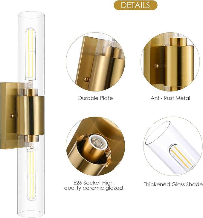 21" Brushed Gold Bathroom Light Fixtures Over Mirror,2-Light Gold Vanity Lights,Hardwired Vanity Lighting Fixtures Bathroom Lighting Fixtures Over Mirror for Bath Room E26 T10 Bulbs(Excluded)