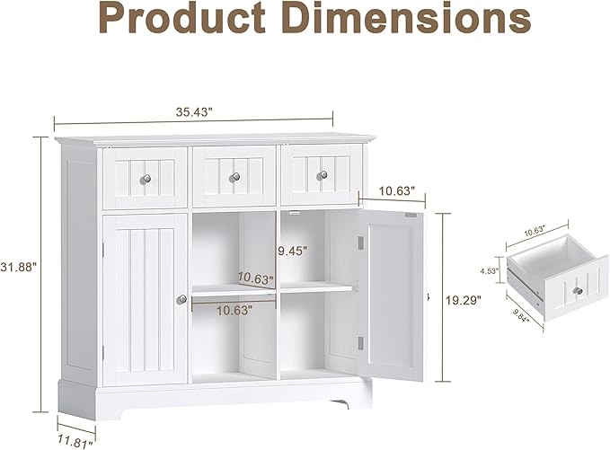 ChooChoo Buffet Cabinet, Coffee Bar with Drawers and Doors, Sideboard Storage with Shelves for Kitchen, Dining Room, Living Room, White