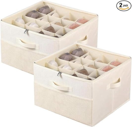 2 Pack Shoe Organizer for Closet: Fits up to 16-32 Pairs, Foldable Shoe Storage Organizer Bin with Adjustable Dividers and Clear Cover, Shoe Storage Containers for Wardrobe