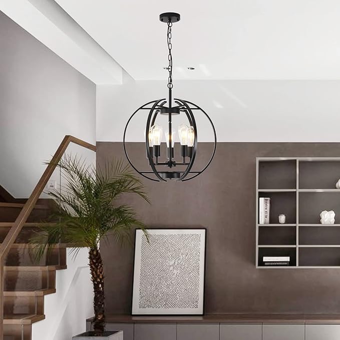 Large Lantern Globe Black Chandelier Lighting, Adjustable Hanging Ceiling Pendant 5 Light for Kitchen, Dining Room, Living Room, Hallway, Bedroom