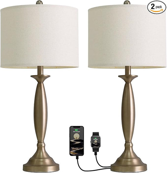 Oneach 28" Warm Gold Table Lamps Set of 2, Modern Bedside Lamps with USB Ports, Tall Nightstand Lamps for Living Room Bedroom End Table Home Office