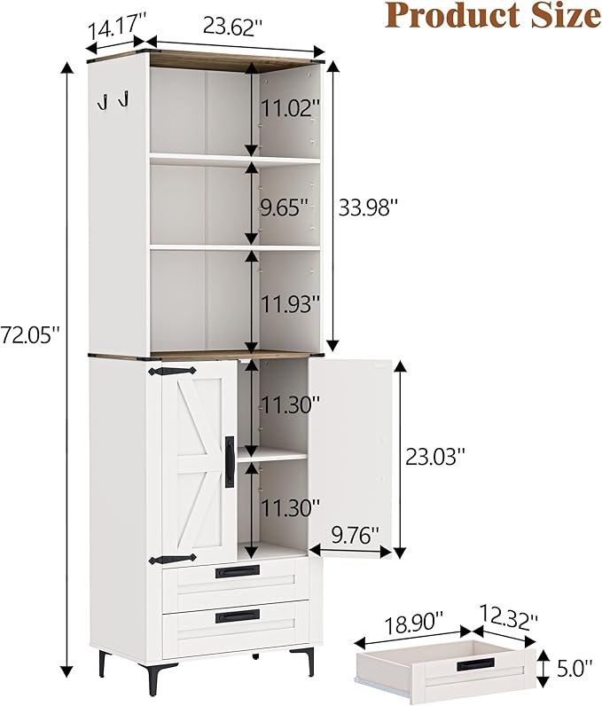 Bookshelf with Doors and 2 Drawers, 72in Tall Bookcase with Storage Cabinet and Adjustable Shelf, White Farmhouse Bookshelves Wood for Living Room, Bedroom