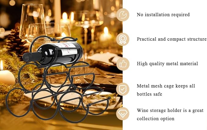 JHY DESIGN Iron Tabletop Wine Rack 11.5''x6''x10.5'' Rustic Wine Bottle Rack Storage Wine Shelf Freestanding Wine Holder Portable Wine Cabinet Mini Bar for Home Counter(6 Bottles Design Dia 3.5inch)