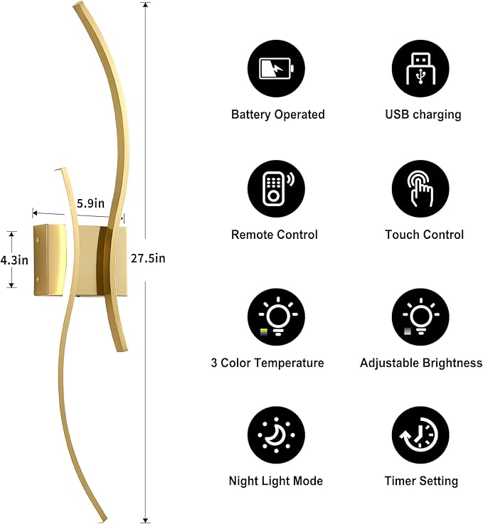 Battery Operated Wall Sconces Set of Two with Remote Control, Battery Wall Light, Stepless Colors 3000K-6000K & Dimming, Brass Rechargeable Wall Sconces for Living Room, Hallway, Bedroom, 27.5 Inch