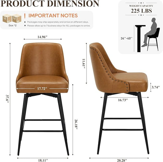 Bar Stools Set of 4, 26" Swivel Counter Height Chairs with Back,Thick Padded Seat & Footrest,Modern Faux Leather Barstool for Kitchen Island,Dining Room,Pub,Brown