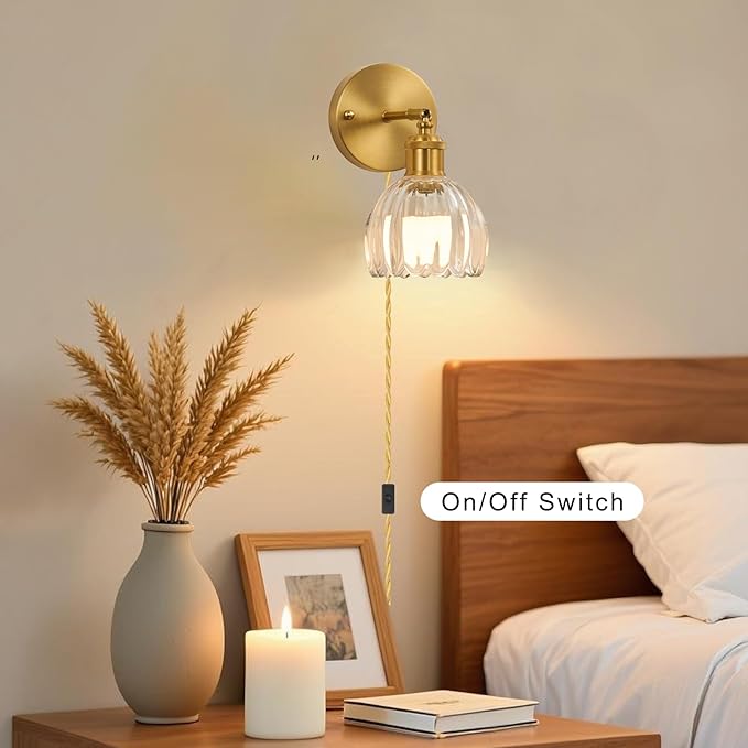 Plug in Wall Sconces Set of 2, Vintage Wall Lamp with 6.5FT Plug in Cord Clear Tulip Glass Shade Decor Indoor, Gold Wall Light for Bedroom Bedside Kids Living Room Bathroom