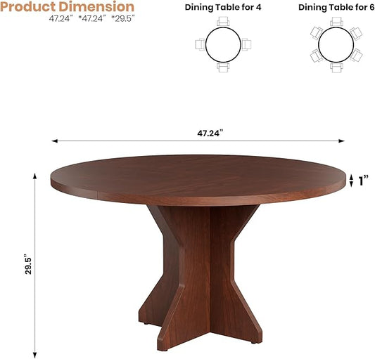 IDEALHOUSE Round Dining Table, 47" Kitchen Table for 4-6 People, Circle Tables with Sturdy Pedestal Base, Space Saving Dinning Room Furniture for Living Room, Kitchen, Apartment, Walnut