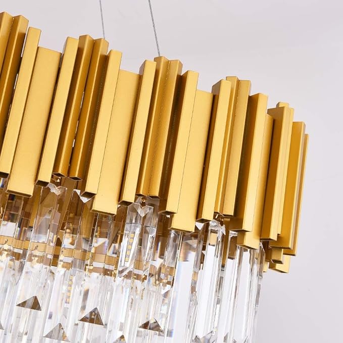 W43.3 Modern Crystal Chandelier - Luxury Pendant Ceiling Light for Dining Room, Kitchen Island, or Living Room - Oval Raindrop Contemporary Chandelier with Gold Finish.