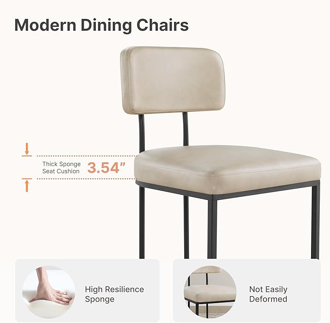 Dining Chairs Set of 2, Upholstered Modern Kitchen Chairs with Ergonomic Backrest, Faux Leather Cushion Seat & Curve Metal Legs for Living Room, Restaurant, and Café, Beige