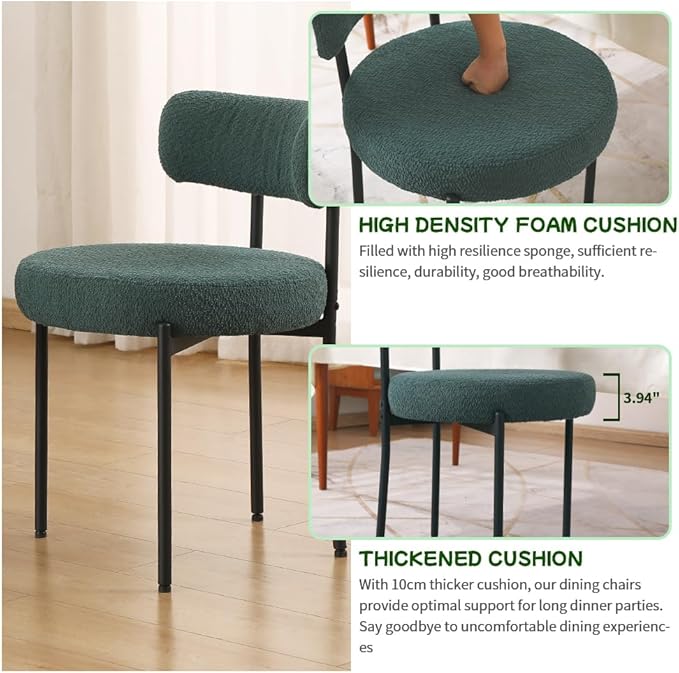 EDWELL Green Dining Chairs Set of 4, Modern Upholstered Dining Room Chairs with Thick Cushion, Curved Backrest Kitchen Chairs Boucle Chair for Dining Room, Living Room