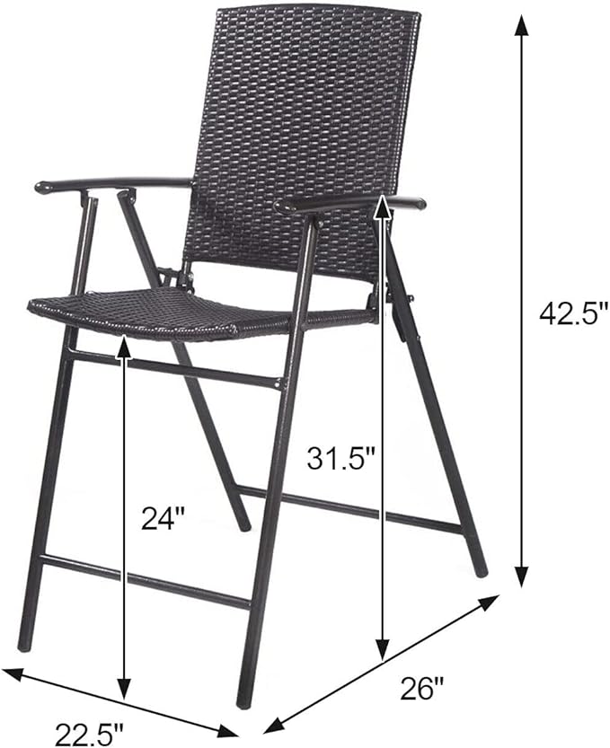 Giantex Set of 4 Folding Wicker Rattan Bar Chairs High Stool with Back Steel Frame Portable Outdoor Indoor UV Resistant Barstools Garden Patio Furniture Set w/Armrests Footrest