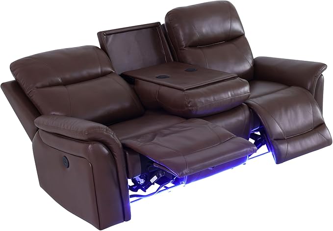 Power Recliner Sofa for Living Room, Air Leather Reclining Sofa 3 Seat with Flip-Down Middle Backrest, LED Lighting, USB Charging Port (Brown)