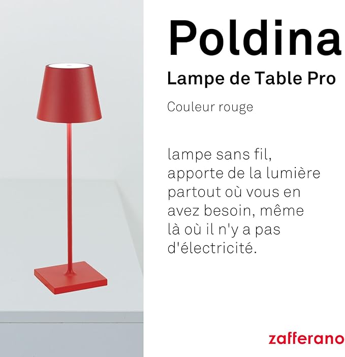 Zafferano Poldina Pro LED Table Lamp (Red) Touch On/Off, Touch Dimmable, Powder Coated Aluminum, IP54 Protection, Indoor/Outdoor, Contact Charging Base, USA Plug, A++ Energy Efficiency