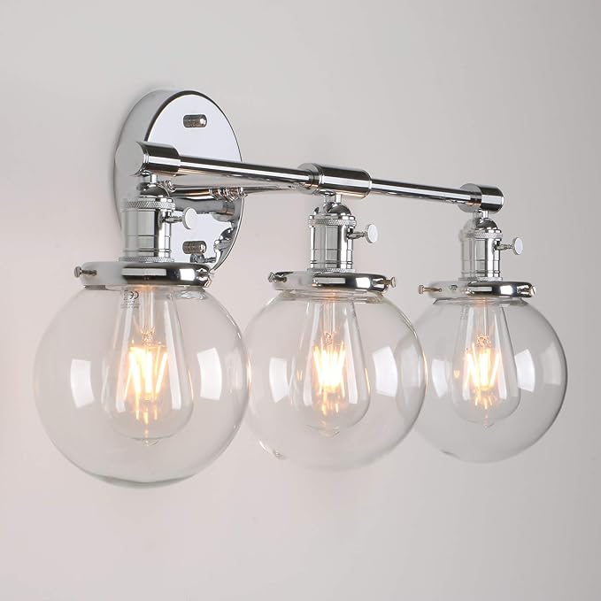 Permo Vintage Industrial Antique Three-Light Wall Sconces with Mini 5.9" Round Clear Glass Globe Shade (Chrome)