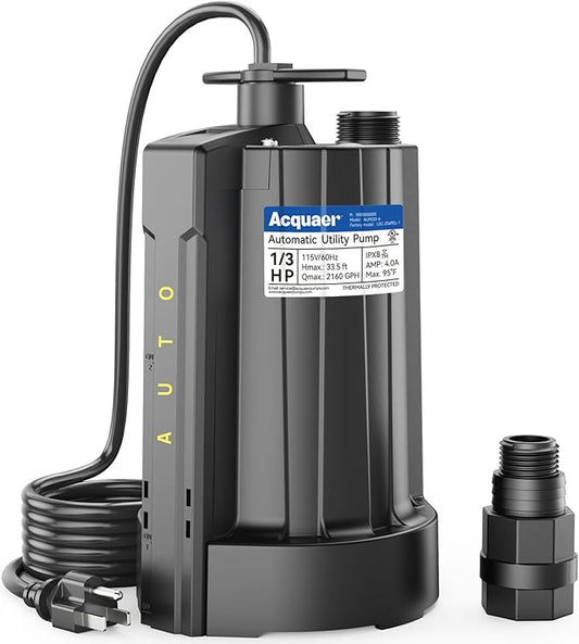Acquaer 1/3 HP Automatic Submersible Water Pump, 115V Sump Pump with 3/4” Garden Hose Adapter, 2160 GPH High Flow Water Removal for Swimming Pool Cover Hot Tubs Flooded House Basement