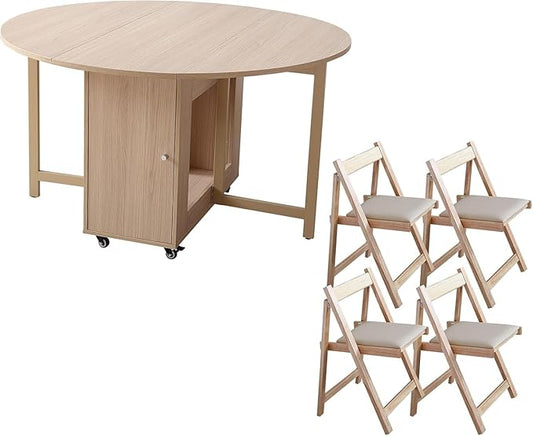 Wood Round Folding Dining Table with 4 Chairs, 47.3" Folding Table and Chairs with Storage Shelf Metal Legs for Home Dining Room Living Room, Space Saving Foldable Dining Table with 4 Chairs