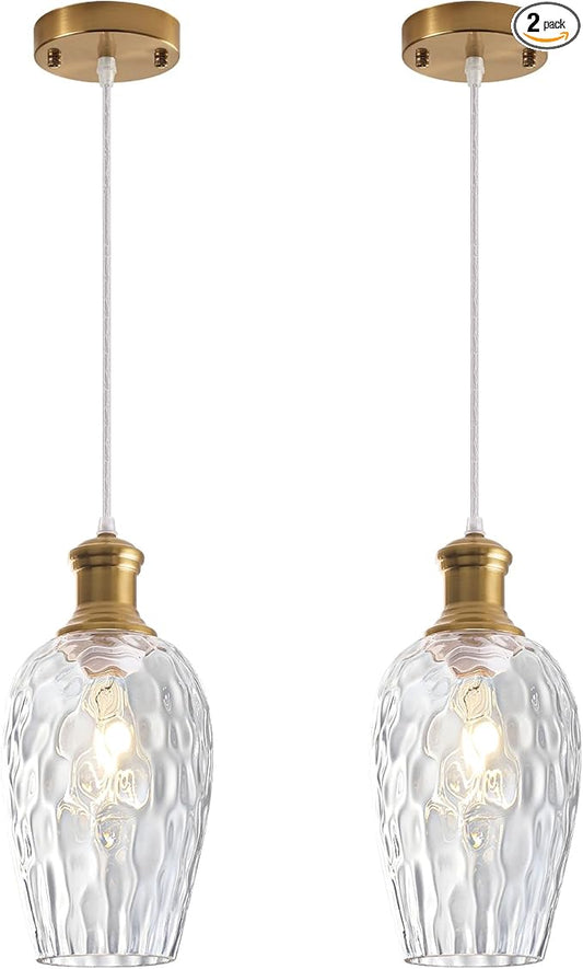 Gold Pendant Lights Kitchen Island, 6.3” Blown Hammered Glass Pendant Lights, Vintage Clear Glass Pendant Light 2-Pack, Modern Pendant Light for Kitchen Island, Dining Room, Bathroom，Cafe