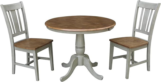 IC INTERNATIONAL CONCEPTS 36" Round Wood Distressed Hickory/Stone Extension Dining Table with 2 Chairs