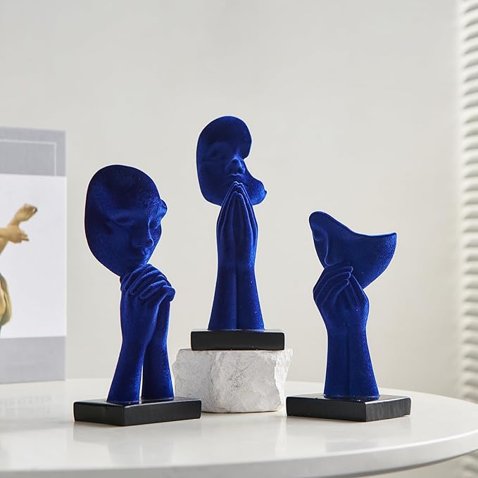 3 Pcs Navy Blue Decor Prayer Statues for Living Room Decor, Flocked Prayer of Peace Figurines Shelf Decor Accents, Abstract Sculptures for Bedroom Bookshelf Coffee Table Decor, Gifts for Women