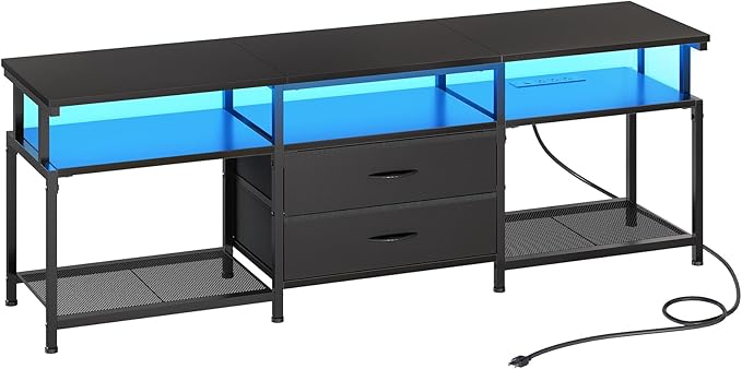 HOOBRO TV Stand with Power Outlet and LED Light, Entertainment Center for TVs Up to 75 Inch, Modern Media Console Table with 2 Non-Woven Drawers, for Living Room, Bedroom,Black BB55UDDS01