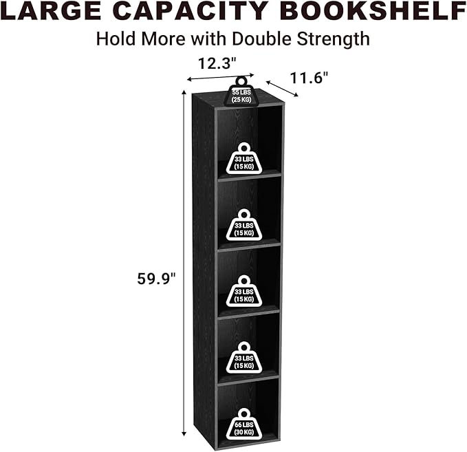 5 Tier Bookshelf, Open Tall Narrow Floor Standing Bookcase, Wooden Book Shelf Display Organizer for Home Office, Study (Black, 5 Cube)