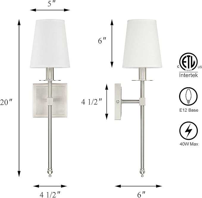 XiNBEi Lighting Bedroom Wall Lamps Set of 2, Modern Bedside Wall Sconce Light with Flared Fabric Shade 1 Light Wall Light Fixture Brushed Nickel Finish for Vanity Bathroom & Living Room