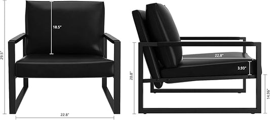AWQM Leather Accent Chair Set of 2 Sofa Chair with Extra-Thick Padded Backrest and Seat Cushion Single Sofa for Living Room Bedroom, Black Metal Frame, 105 Degree Slant Back-Black（Set of 2）