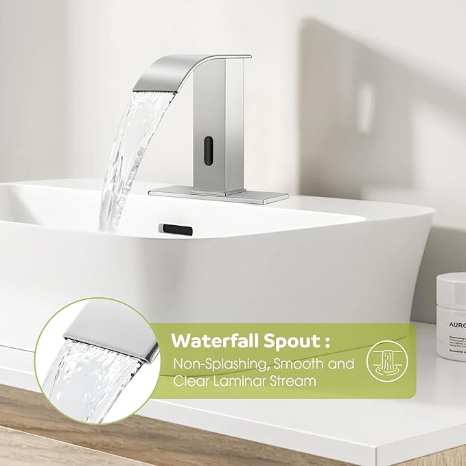Automatic Motion Sensor Faucet with Waterfall Spout,Stainless Steel Sink Faucet with Hole Cover Plate (Regular, Chrome)