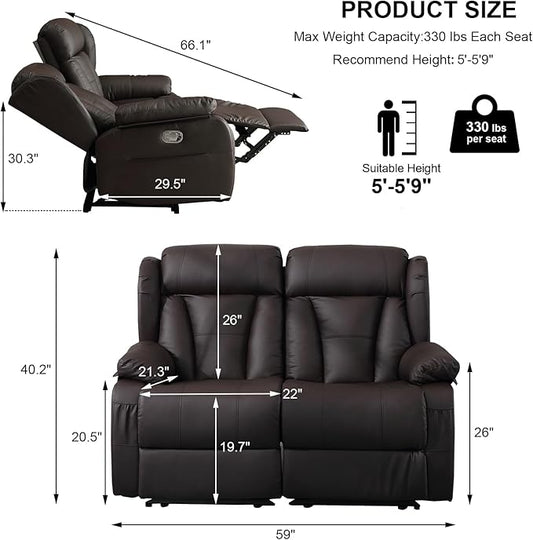 59" Manual Reclining Loveseat Sofa - Double Loveseat Recliner Chair with Side Pockets for RV Couch/Motorhomes/Living Room (Brown, Loveseat)