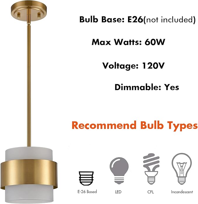 CLAXY Gold Pendant Lights mini Hanging Light Fixture with Frosted Glass Shade for Kitchen Island Dining Room Bar Restaurant, Rod Hanging Modern Pendant Light