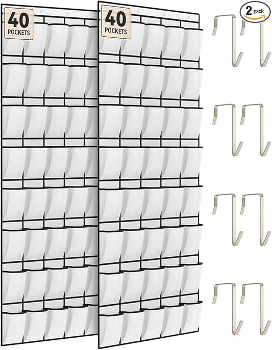 dodowin Over the Door Shoe Organizers, 2 Pack - 40 Deep Mesh Pockets Each, Over The Door Shoe Rack with 4 Metal Hooks Each, Space Saving Hanging Storage Holder for Closets, Shoes & Accessories, White