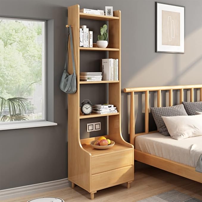 IOTXY Oak Bedside Table Bookshelf - 71" Tall Free Standing Wooden Open Shelf Bookcase with Drawers and 4-Shelves for Bedroom, Bed Side End Table, Nightstand
