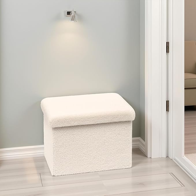 16.5in Small Storage Ottoman Foldable Sherpa Top Storage Bench,Foot Rest/Step Stool for Bedroom Dorm Entryway, Space Saving for Small Spaces- White