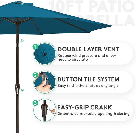 JEAREY 10FT Outdoor Patio Umbrella Outdoor Table Umbrella with Push Button Tilt and Crank, Market Umbrella 8 Sturdy Ribs UV Protection Waterproof for Pool, Garden (Lake Blue)