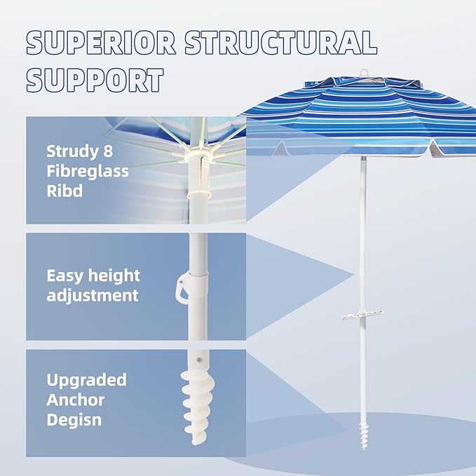 Aoxun 8 FT Beach Umbrella with Tilt Pole, Portable Sand Anchor and Carry Bag, UPF 50+ Sun Shelter Air Vents Design for Outdoor (Navy Blue & White)