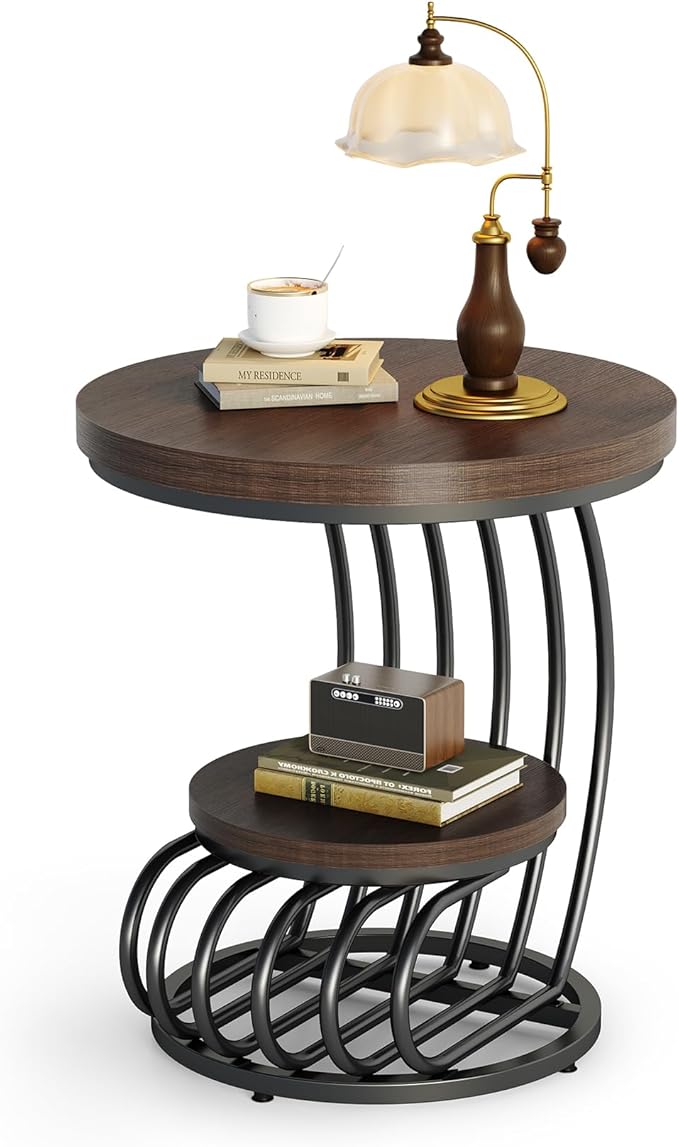 LITTLE TREE Round Side Table, Wood End Table with 2-Tier Storage Shelf, Accent Coffee Table, Creative Curved Metal Frame End Table for Small Spaces, Living Room, Bedroom, Brown + Black