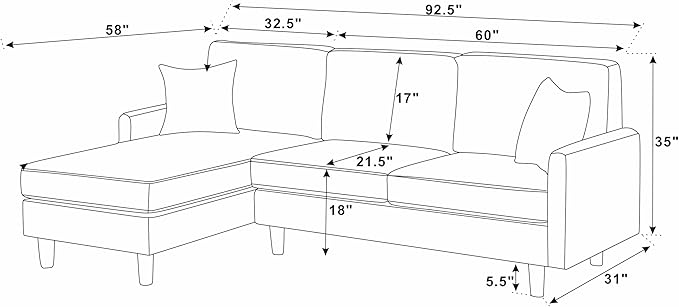 Eafurn L Shaped Modular Sectional Sofa with Left Chaise Lounge, 3 Seater Corner Sectional Couch Corduroy Upholstered Sofa Set w/Thickness Seat Cushions for Living Room Apartment | Wooden Frame, Removable Cushions, pocket spring, Easy Assembly