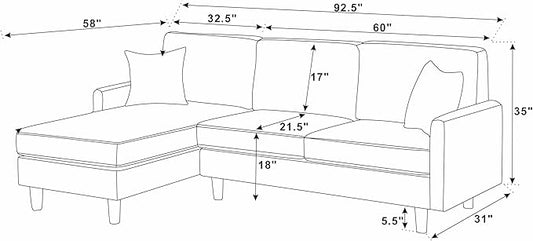 Eafurn L Shaped Modular Sectional Sofa with Left Chaise Lounge, 3 Seater Corner Sectional Couch Corduroy Upholstered Sofa Set w/Thickness Seat Cushions for Living Room Apartment | Wooden Frame, Removable Cushions, pocket spring, Easy Assembly
