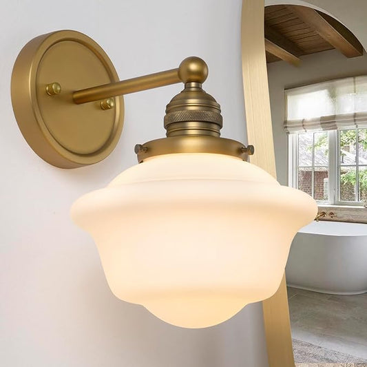 Gold Wall Sconce, Vintage Bathroom Vanity Light, Modern Frosted Milk Glass Sconces Brass Wall Lights for Living Room Bedroom Kitchen Hallway Stairway E26 Hardwire Indoor