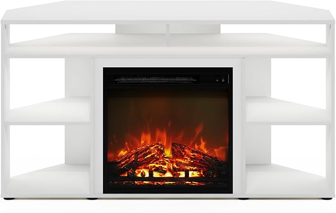 Furinno Jensen Corner Stand with Fireplace for TV up to 55 Inches, 55-Inch, Solid White