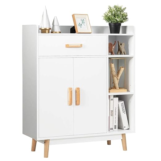 Giantex Floor Storage Cabinet, Freestanding Cupboard with 1 Drawer, 2 Doors, 3 Shelves, 4 Rubber Wood Legs, Sideboard, Entryway Unit for Home Office, Living Room, Storage Organizer (White)